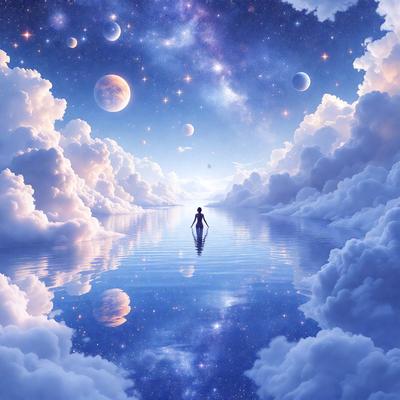 The primary subject of the image is a woman walking on water, surrounded by clouds and celestial bodies. The setting is a serene, cloudy sky with a blue water surface. The visual style is a digital art or illustration, creating a surreal and dreamy atmosphere. The colors are predominantly blue and white, with the woman's figure in contrast to the cloudy sky and the celestial bodies. The overall mood of the image is one of tranquility and wonder.